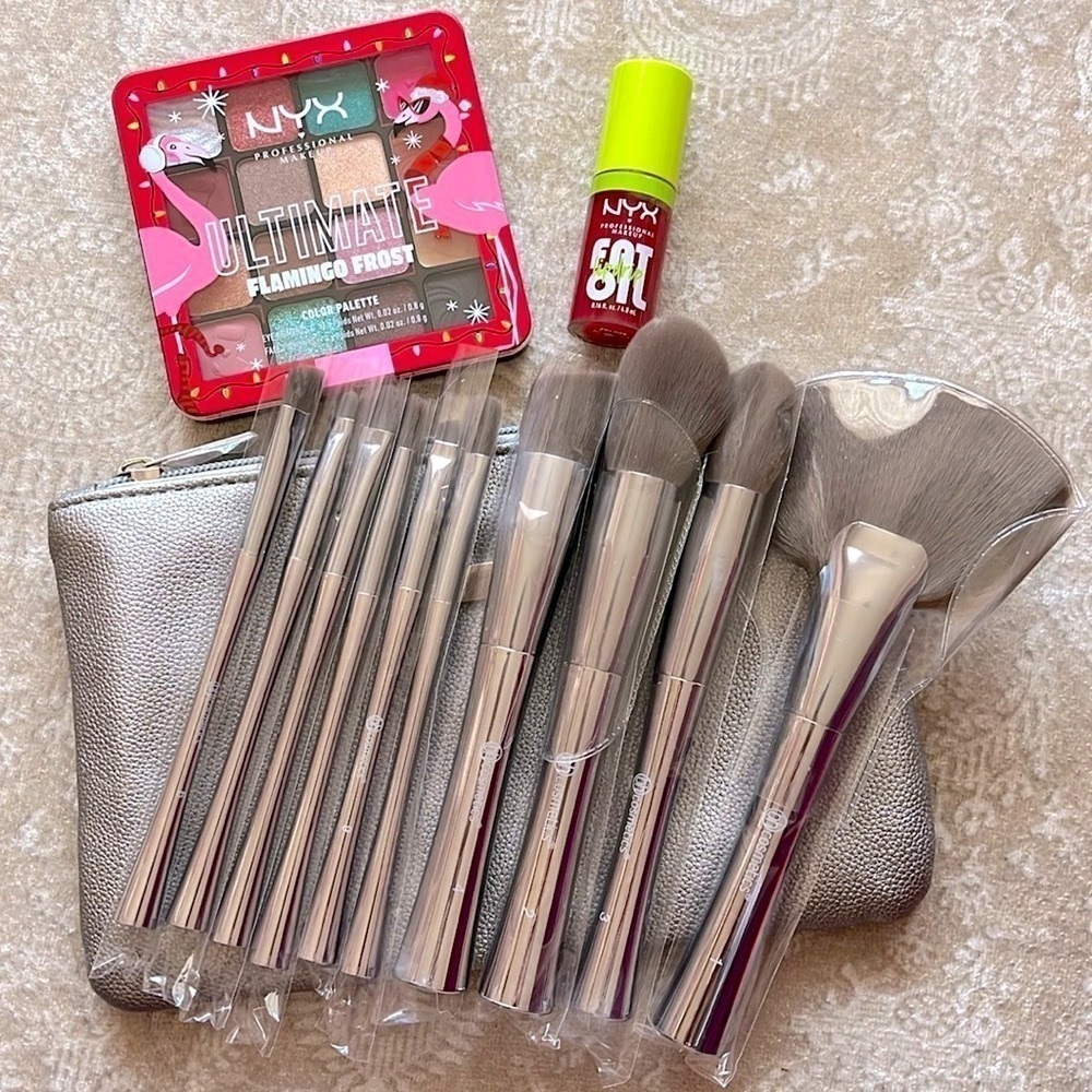 Brand New NYX Eye Face Color Palette Lip Oil & BH Cosmetics 10-Piece Brush Set